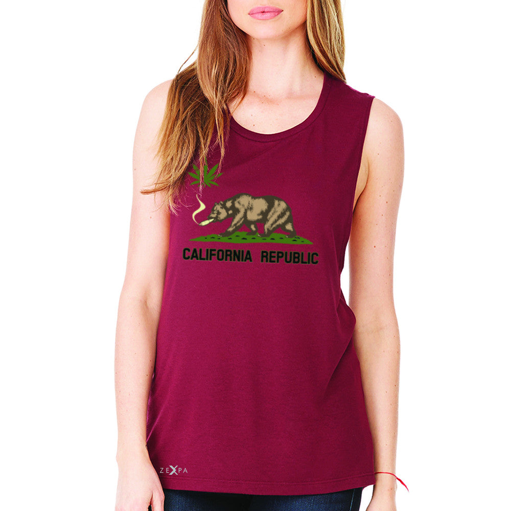 California Bear Weed Smoker Joint Women's Muscle Tee Fun Humor Sleeveless - Zexpa Apparel Halloween Christmas Shirts