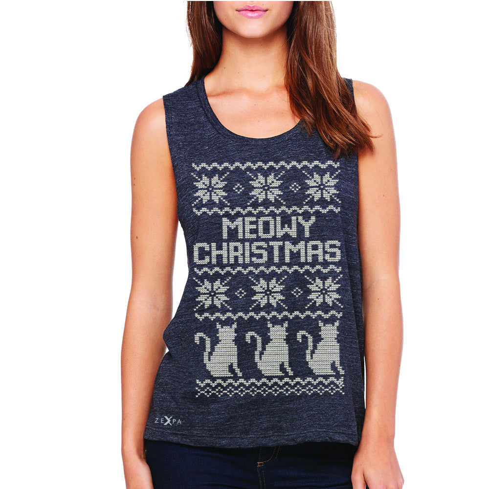 Zexpa Apparel™ Meowy Christmas Snow Flakes Cool Women's Muscle Tee Ugly Sweater Sleeveless - Zexpa Apparel Halloween Christmas Shirts