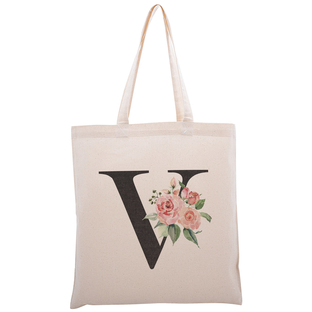 Personalized Floral Initial Cotton Canvas Tote Bag for Events Bachelorette Party Baby Shower Bridal Shower Bridesmaid Christmas Gift Bag | Totes for Yoga Pilates Gym Workout | Reusable Bags for Shool