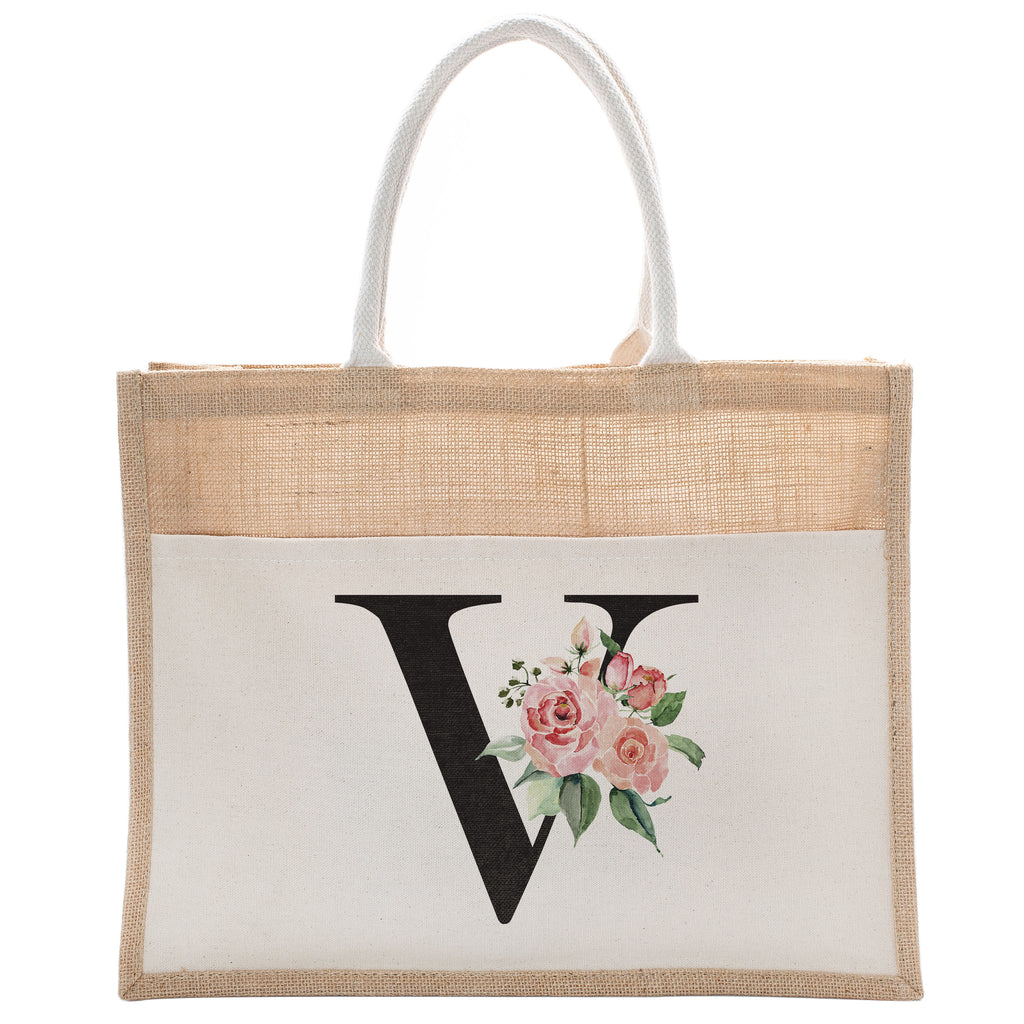 Daily Use Canvas Tote Bag With Floral Initial For Beach Workout Yoga Vacation Gym | Luxury Totes Gift for Christmas Events and Parties