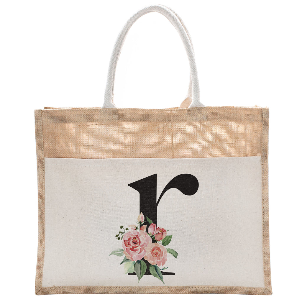 Daily Use Canvas Tote Bag With Floral Initial For Beach Workout Yoga Vacation Gym | Luxury Totes Gift for Christmas Events and Parties