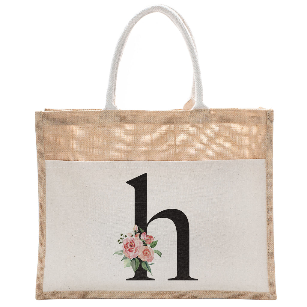 Daily Use Canvas Tote Bag With Floral Initial For Beach Workout Yoga Vacation Gym | Luxury Totes Gift for Christmas Events and Parties