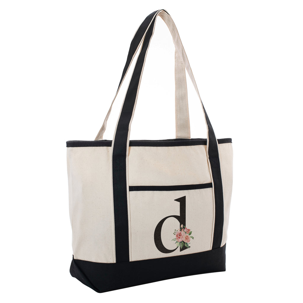 Black Linen Canvas Tote Bag Floral Initial For Beach Workout Yoga