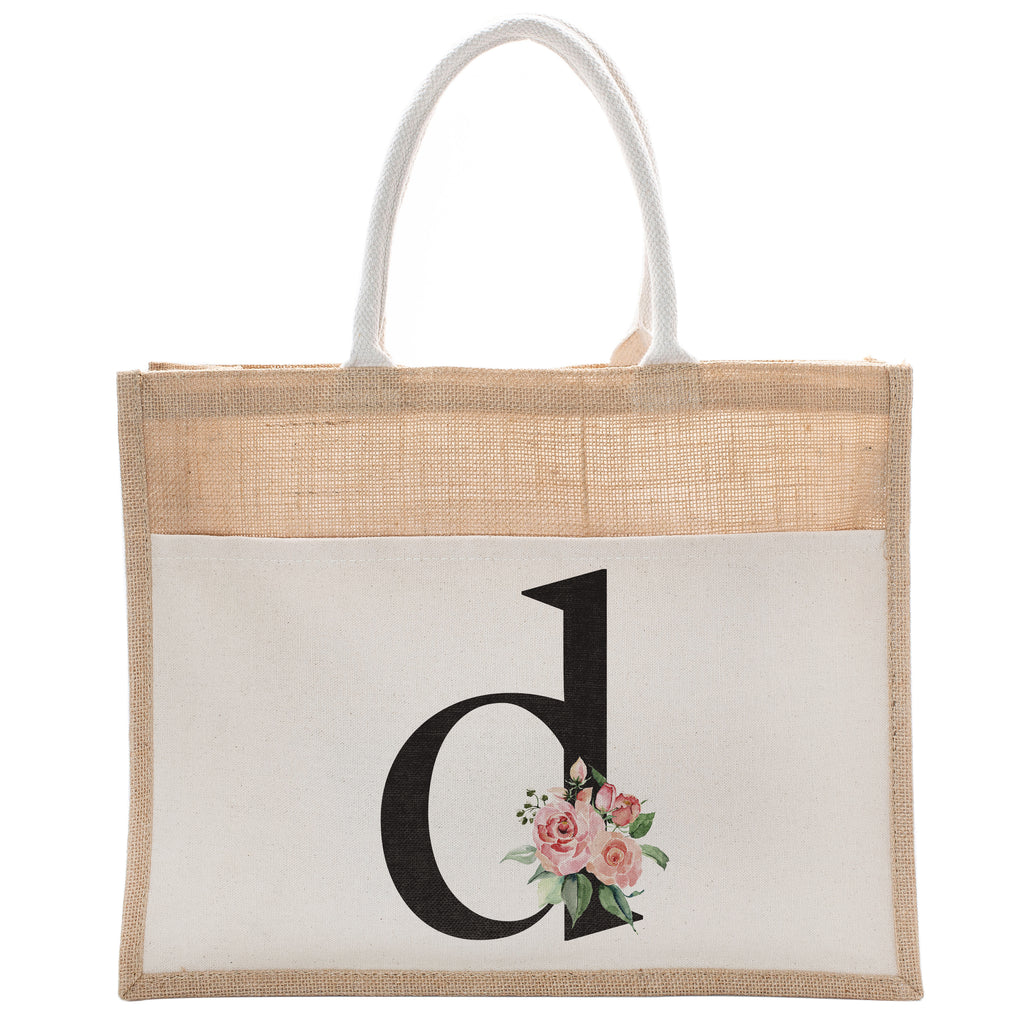 Daily Use Canvas Tote Bag With Floral Initial For Beach Workout Yoga Vacation Gym | Luxury Totes Gift for Christmas Events and Parties