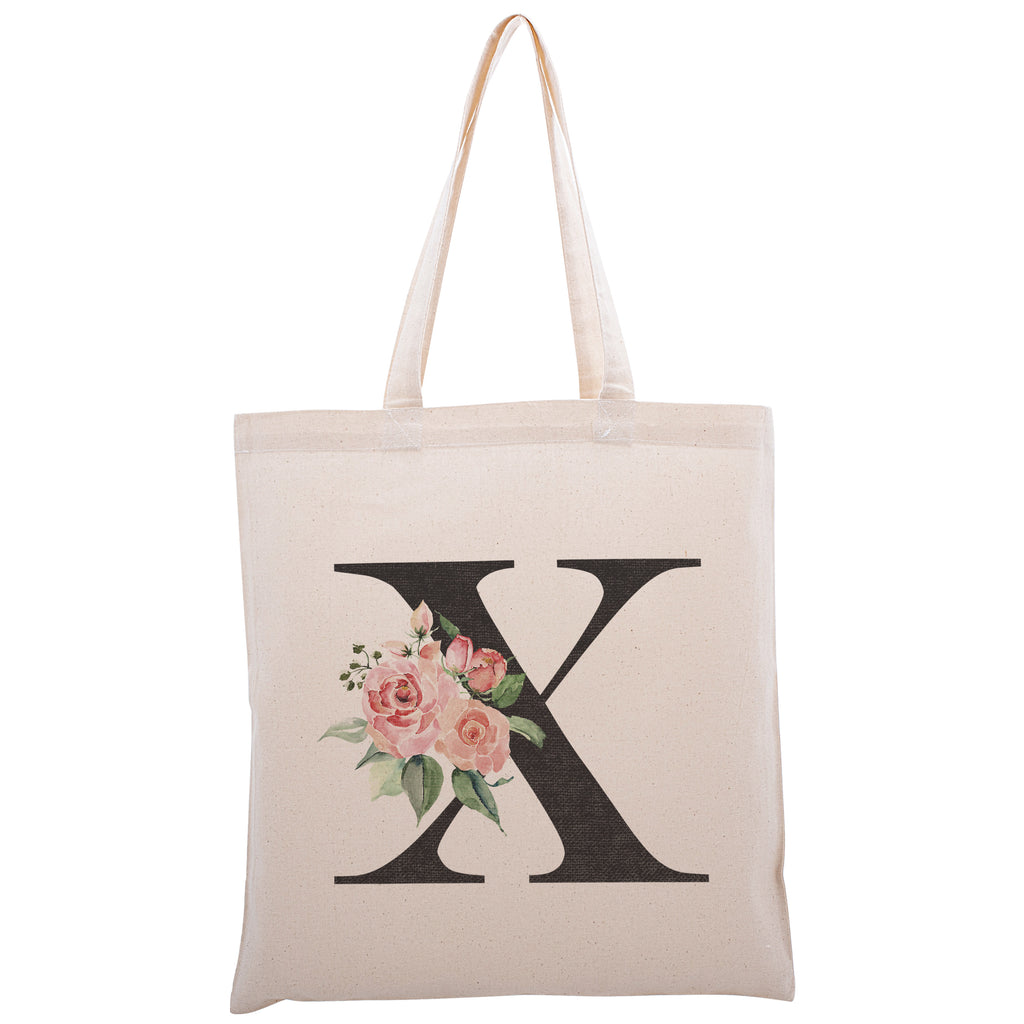 Personalized Floral Initial Cotton Canvas Tote Bag for Events Bachelorette Party Baby Shower Bridal Shower Bridesmaid Christmas Gift Bag | Totes for Yoga Pilates Gym Workout | Reusable Bags for Shool