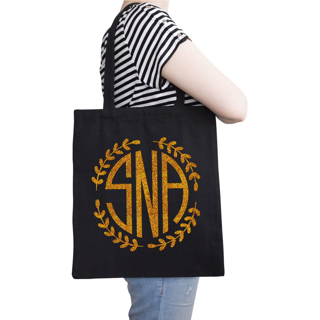 Personalized Monogram Black Tote Bag | Initial Long Handle Totes for Beach, Yoga, Gym, Workout, Pilates |Customized Baby Shower, Christmas, Bridal Gift Bags | Bachelorette Party and Events Gifts Bag