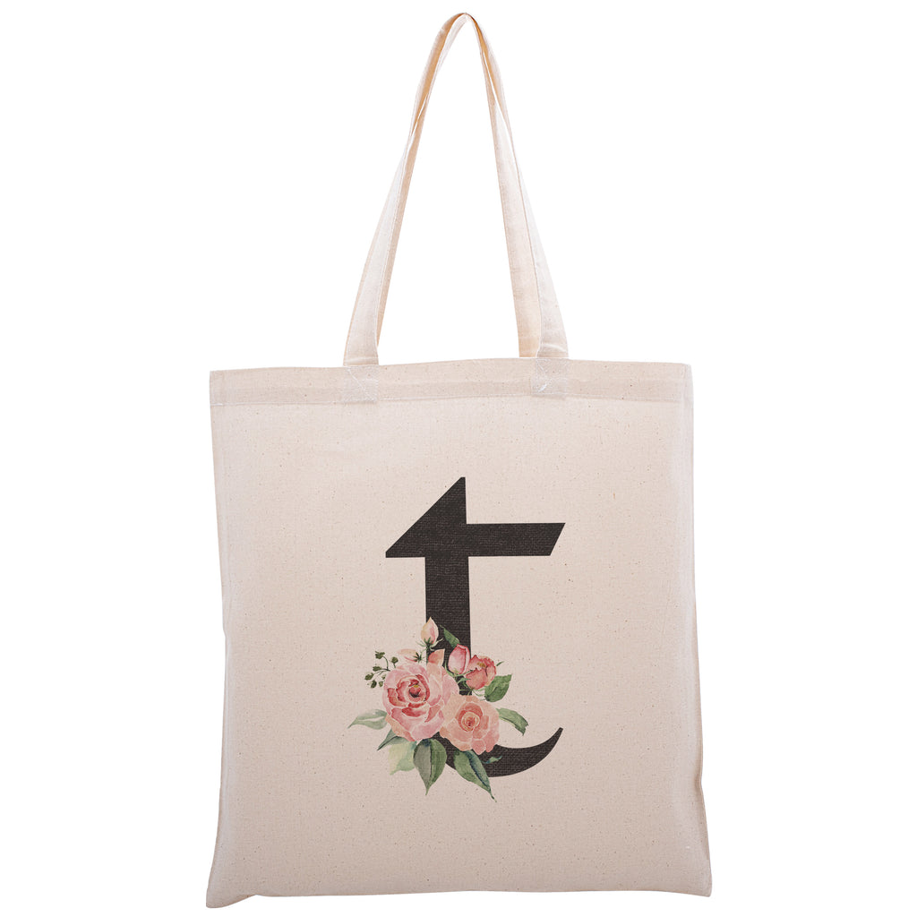 Personalized Floral Initial Cotton Canvas Tote Bag for Events Bachelorette Party Baby Shower Bridal Shower Bridesmaid Christmas Gift Bag | Totes for Yoga Pilates Gym Workout | Reusable Bags for Shool