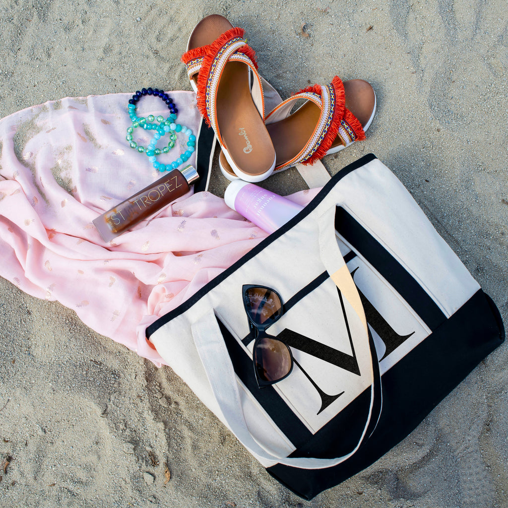 Black Linen Canvas Tote Bag With Initial For Beach Workout Yoga Vacation | Daily Use Totes Gift For Events