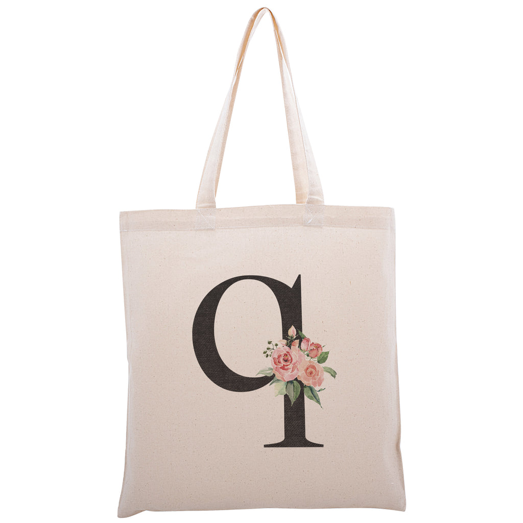 Personalized Floral Initial Cotton Canvas Tote Bag for Events Bachelorette Party Baby Shower Bridal Shower Bridesmaid Christmas Gift Bag | Totes for Yoga Pilates Gym Workout | Reusable Bags for Shool