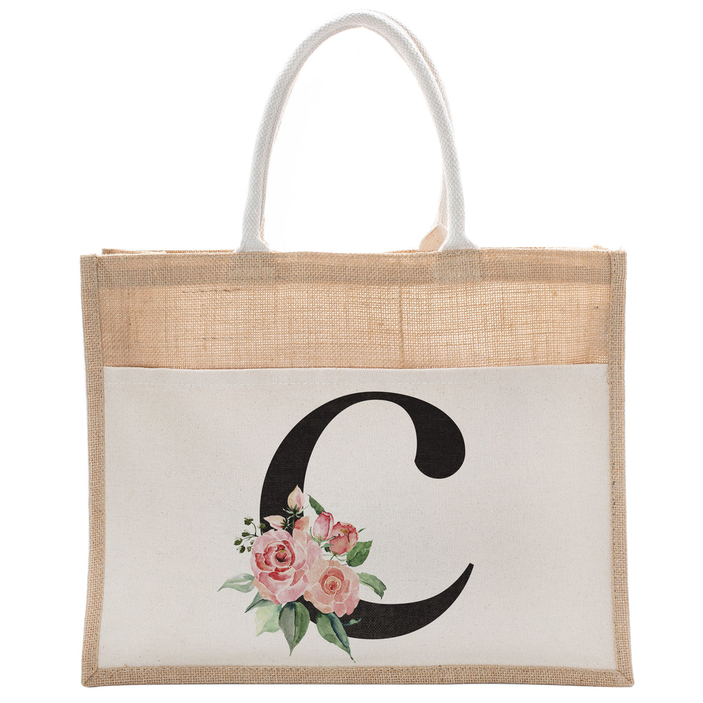 Daily Use Canvas Tote Bag With Floral Initial For Beach Workout Yoga Vacation Gym | Luxury Totes Gift for Christmas Events and Parties