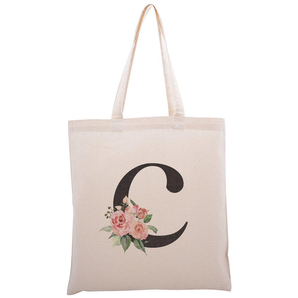 Personalized Floral Initial Cotton Canvas Tote Bag for Events Bachelorette Party Baby Shower Bridal Shower Bridesmaid Christmas Gift Bag | Totes for Yoga Pilates Gym Workout | Reusable Bags for Shool