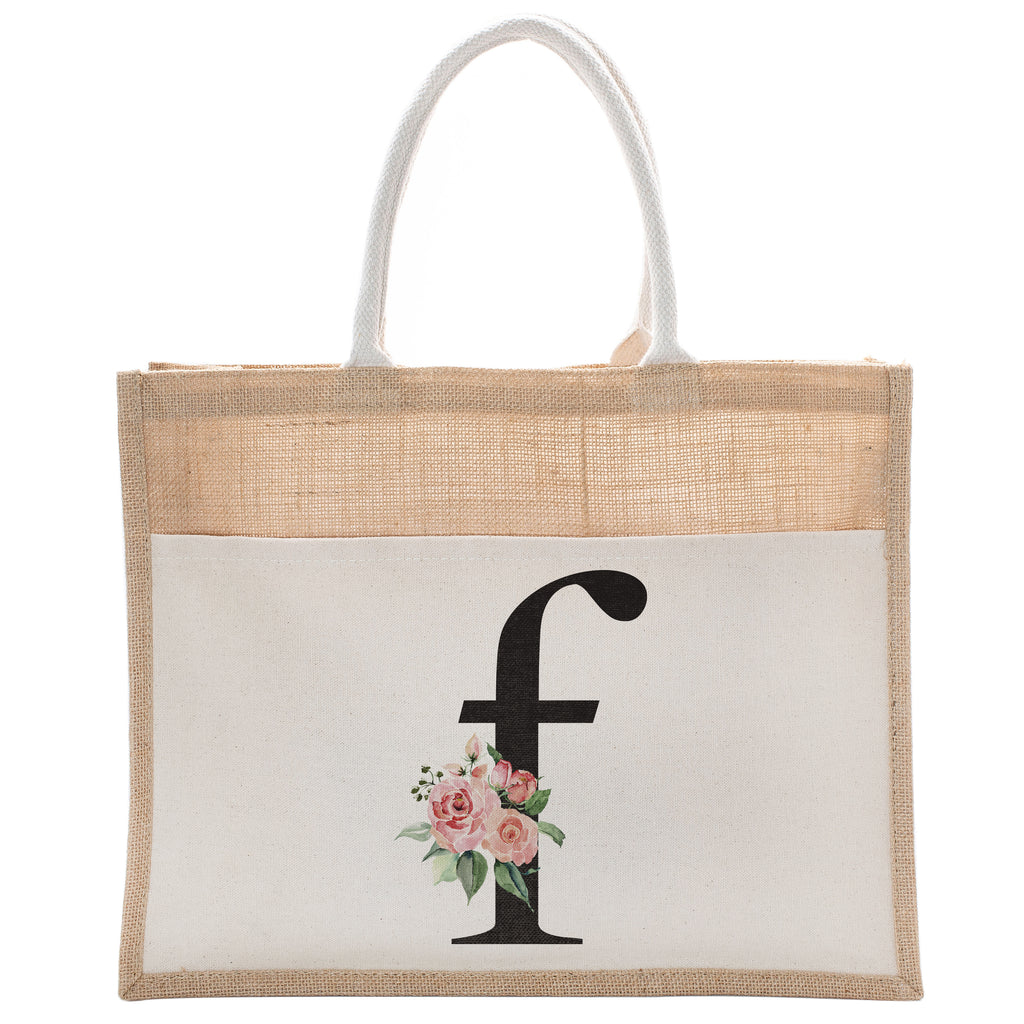 Daily Use Canvas Tote Bag With Floral Initial For Beach Workout Yoga Vacation Gym | Luxury Totes Gift for Christmas Events and Parties