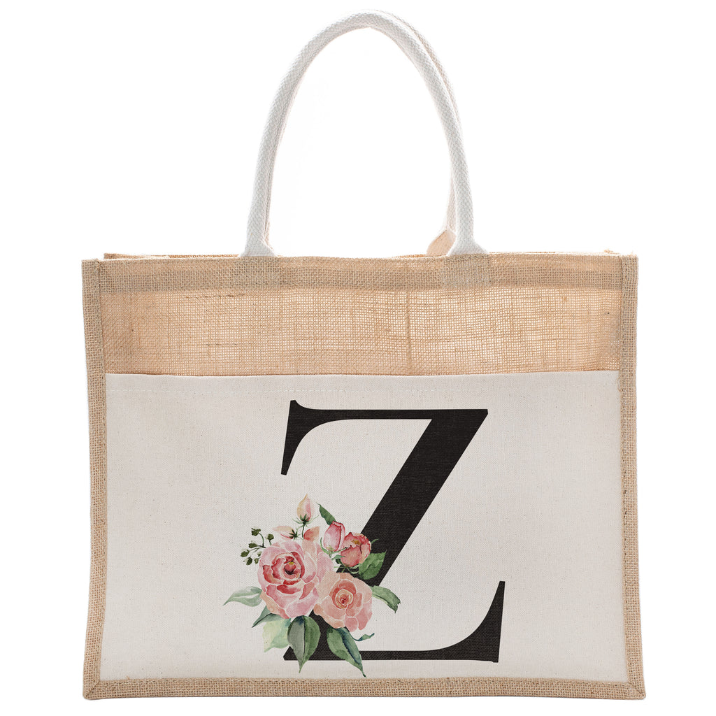 Daily Use Canvas Tote Bag With Floral Initial For Beach Workout Yoga Vacation Gym | Luxury Totes Gift for Christmas Events and Parties